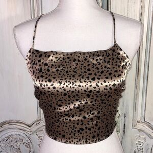 Chocolate Y2K Animal Print Spaghetti Crisscross Strap Cropped Satin Camisole Top